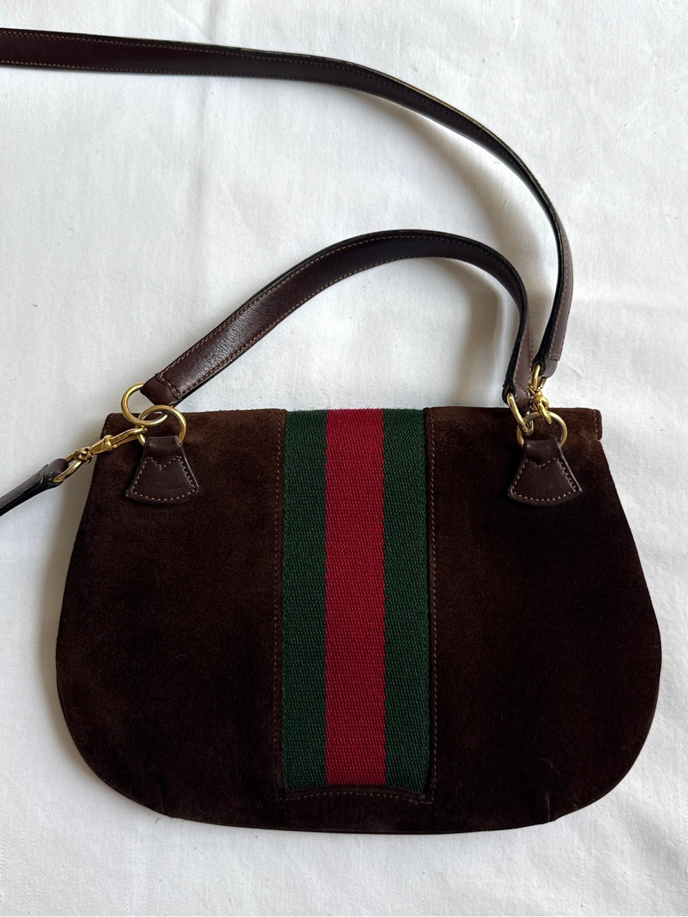 Vintage 1970s Gucci Rare Brown Suede Web Stripe Bag Quiet Luxury Crossbody - Picture 5 of 15